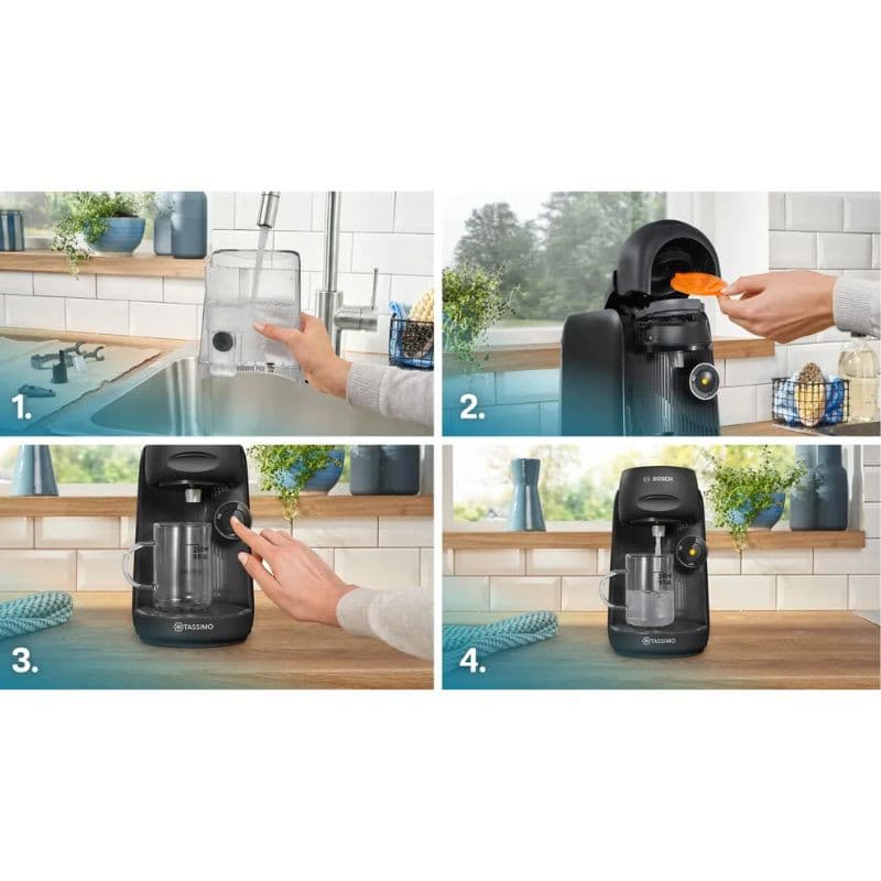 Bosch Tassimo Finesse TAS16B2 negra con depósito extraíble, sistema de cápsulas, botón frontal iluminado y boquilla para taza. Pasos de uso mostrados.