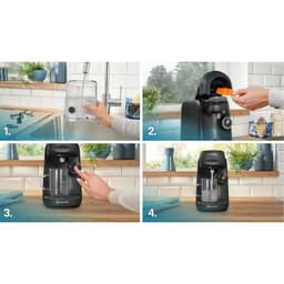 Bosch Tassimo Finesse TAS16B2 negra con depósito extraíble, sistema de cápsulas, botón frontal iluminado y boquilla para taza. Pasos de uso mostrados.