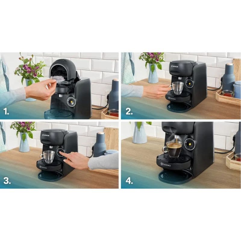 Bosch Tassimo Finesse TAS16B2 negra, compacta. Depósito lateral, soporte para taza ajustable y botón frontal iluminado. Preparación de café paso a paso.