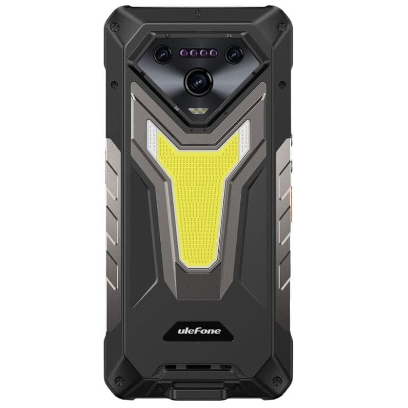 Ulefone Armor 34 Pro Plus 5G preto, traseira robusta com detalhes amarelos, módulo de câmeras triplo central e acabamentos metálicos antiderrapantes