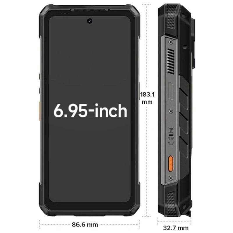 Ulefone Armor 34 Pro Plus 5G preto, robusto, tela ampla com furo central, moldura reforçada e projeção de imagem ao ar livre; 16 GB RAM e 512 GB