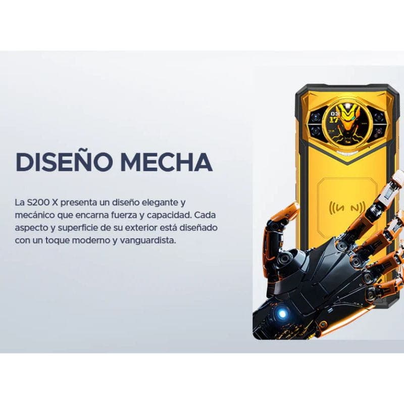 Doogee S200X 12GB/512GB VIP version Rugged Negro con cuerpo robusto, trasera con carga inalámbrica y módulo circular con reloj; frontal con detalles morados