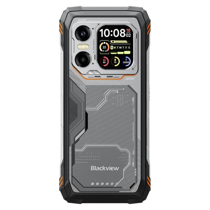 Blackview XPLORE 1 Pro 5G laranja robusto com moldura reforçada, tela exibindo câmera térmica, botões laterais texturizados e corpo antiderrapante