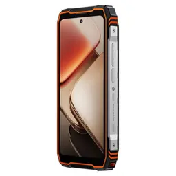 Smartphone robusto laranja e cinza com moldura reforçada, botões laterais, câmara dupla traseira grande e ecrã secundário com ícones coloridos