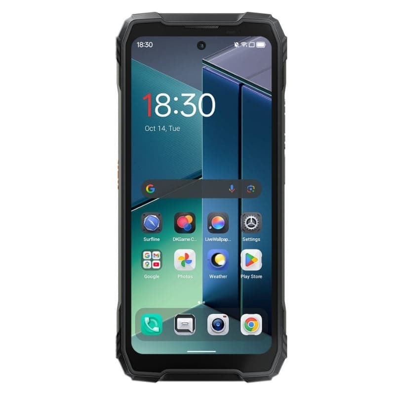 Blackview XPLORE 1 Pro 5G robusto preto com câmera térmica, bordas laranja, tela mostrando modo infravermelho e corpo resistente ideal para uso industrial