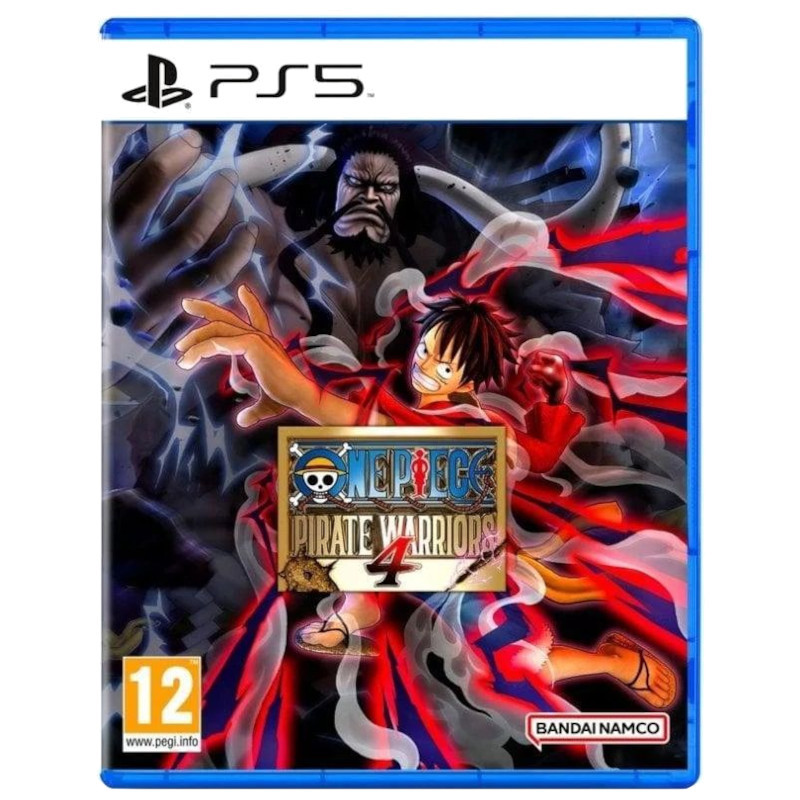 Jaquette PS5 One Piece Pirate Warriors 4 avec Luffy en combat, effets rouges éclatants, Kaido en arrière-plan, logo au centre, classification PEGI 12 - Ítem