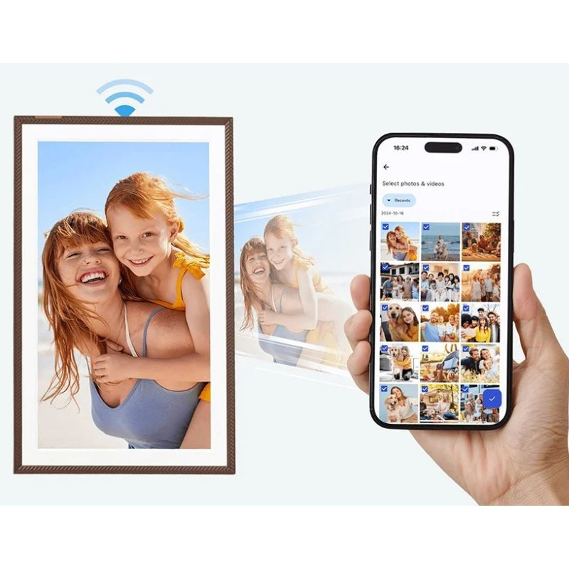 Arzopa D156 15.6 pulgadas, marco de fotos digital en color marrón con borde texturizado y pantalla panorámica que resalta detalles y colores vivos - Ítem1