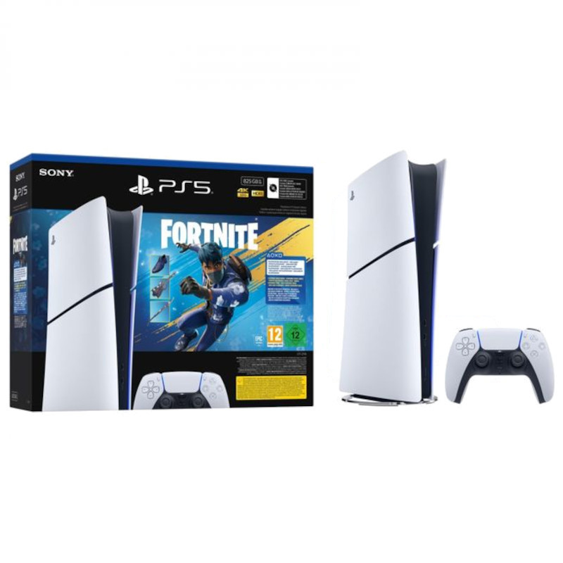 Consola PS5 Digital Chasis E blanca con luz azul, mando DualSense blanco y caja del bundle Fortnite Flowering Chaos con arte del juego y PEGI 12. - Ítem
