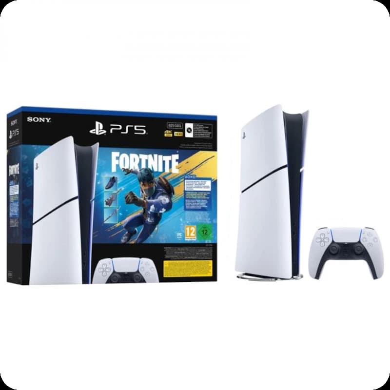 Consola PS5 Digital Chasis E blanca con luz azul, mando DualSense blanco y caja del bundle Fortnite Flowering Chaos con arte del juego y PEGI 12.
