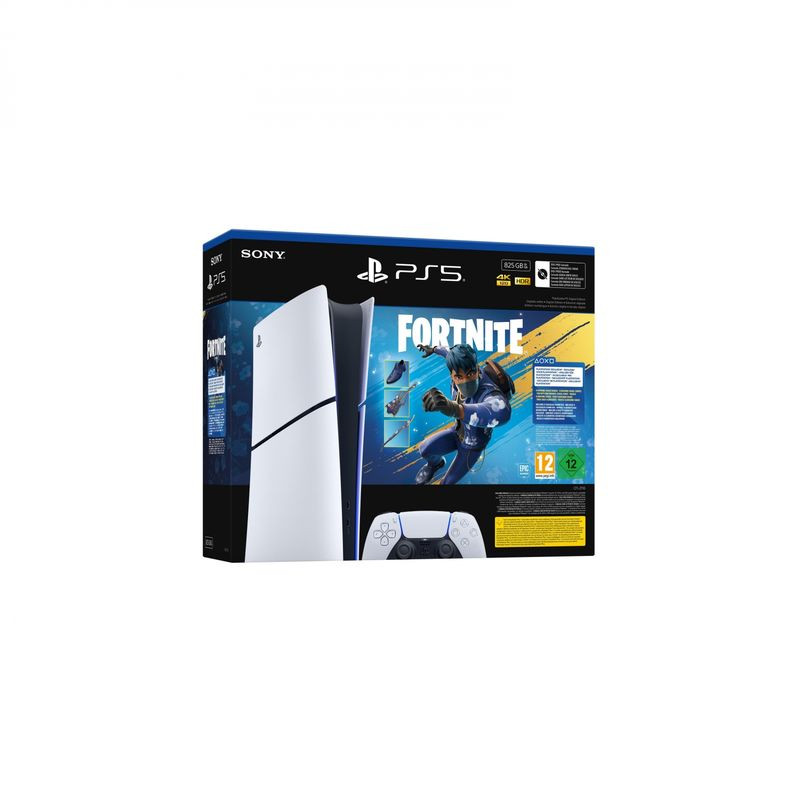 Consola PS5 Digital Chasis E blanca con luz azul, mando DualSense blanco y caja del bundle Fortnite Flowering Chaos con arte del juego y PEGI 12. - Ítem1