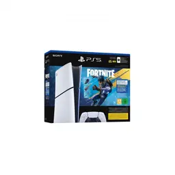 Caja de Sony PlayStation 5 Digital Chasis E con arte de Fortnite Flowering Chaos; consola blanca vertical y mando DualSense mostrados en el empaque.