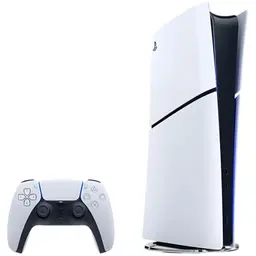 Consola PS5 Digital blanca con luces azules y mando DualSense a juego, diseño vertical estilizado; paquete con Fortnite Flowering Chaos.