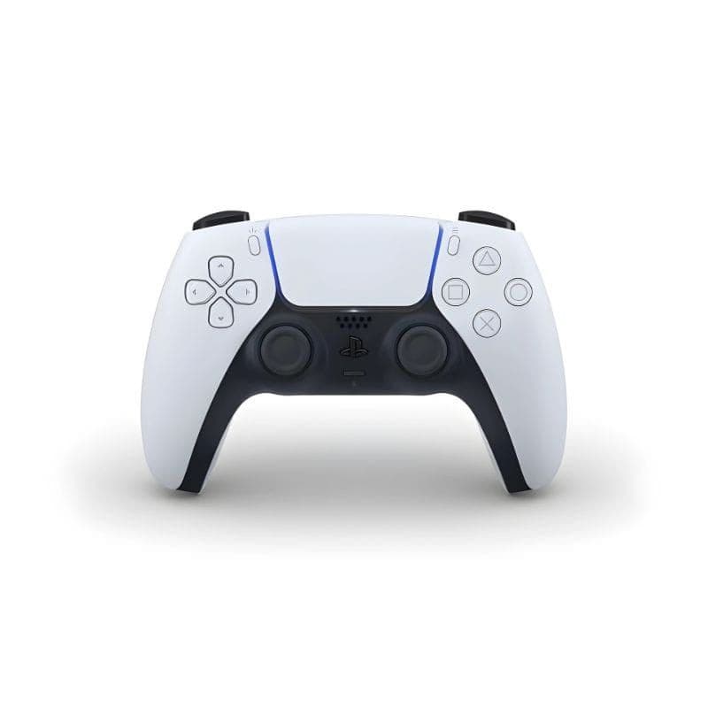 Control DualSense blanco y negro para PS5, con joysticks simétricos, gatillos adaptativos y barra luminosa azul; diseño ergonómico y botones icónicos.