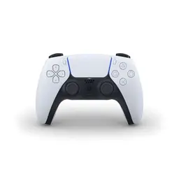 Control DualSense blanco y negro para PS5, con joysticks simétricos, gatillos adaptativos y barra luminosa azul; diseño ergonómico y botones icónicos.