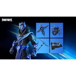 Pack Fortnite Flowering Chaos: skin futurista azul con casco y capa, pico y shuriken luminosos, batería electrónica y envoltura negra con detalles azules.