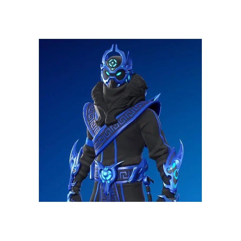 Guerrero futurista de Fortnite en negro y azul, con casco y visera luminosa, detalles tribales brillantes y armadura con resplandor azul eléctrico.