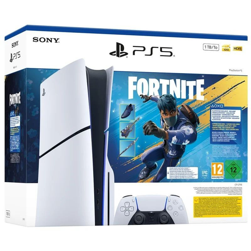 Pack Sony PlayStation 5 Slim Chasis E con 1TB; incluye Fortnite Flowering Chaos. Caja con consola blanca, DualSense y arte de Fortnite en portada. - Ítem