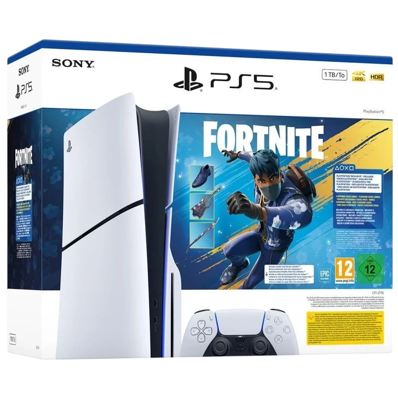 Boîte PS5 Slim Châssis E 1 To avec bundle Fortnite Flowering Chaos; console blanche verticale, manette DualSense blanche et visuels Fortnite en façade. - Ítem