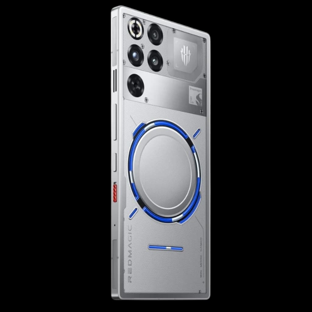 Coque arrière argent transparente Subzero avec anneau magnétique bleu, modules photo multiples, logo RedMagic et accents gaming, port mini jack visible
