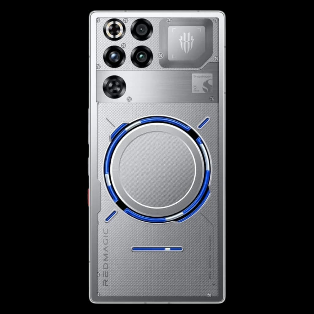 Dos argent transparent Subzero, anneau magnétique bleu, triple caméra avec capteur principal proéminent, logo lumineux, design gaming futuriste Redmagic 11