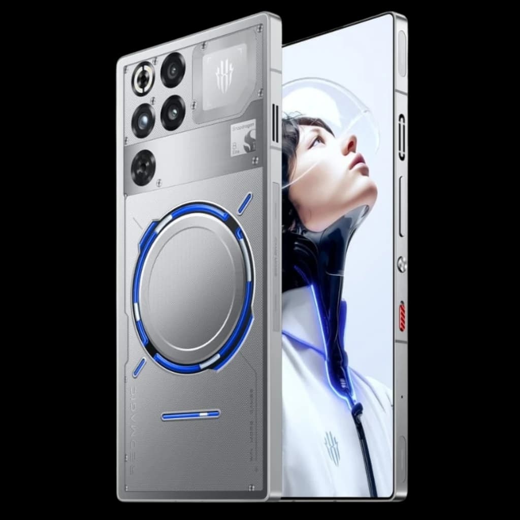 Nubia Redmagic 11 Pro 5G argent transparent Subzero, dos futuriste avec anneau lumineux bleu, triple caméra pro, écran bord à bord, boutons latéraux gaming
