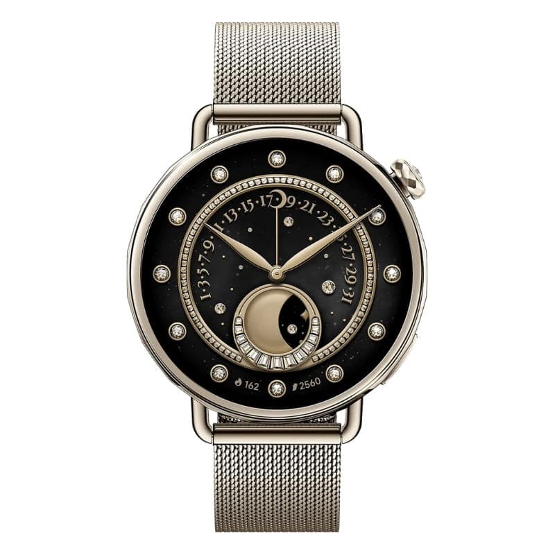 Xiaomi Watch S4 41 mm dourado com pulseira milanesa; caixa metálica, mostrador preto com detalhes em dourado, marcadores com brilho e coroa lateral elegante