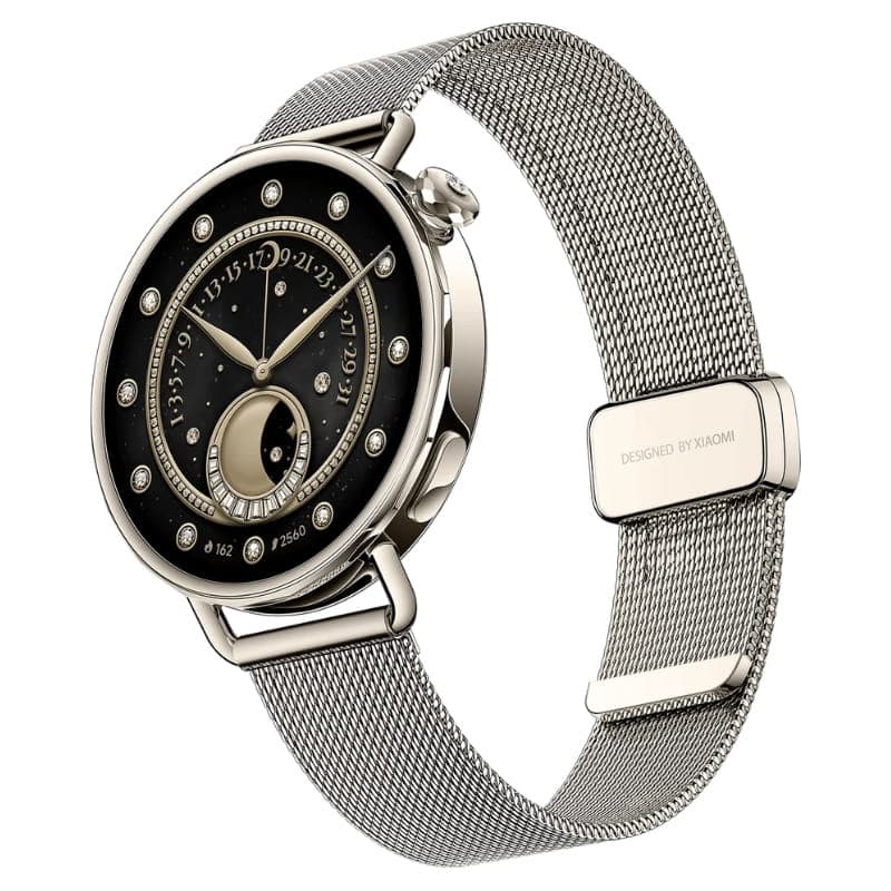 Xiaomi Watch S4 41 mm dourado com pulseira milanesa em aço; caixa redonda, mostrador preto com detalhes dourados e marcadores brilhantes elegantes