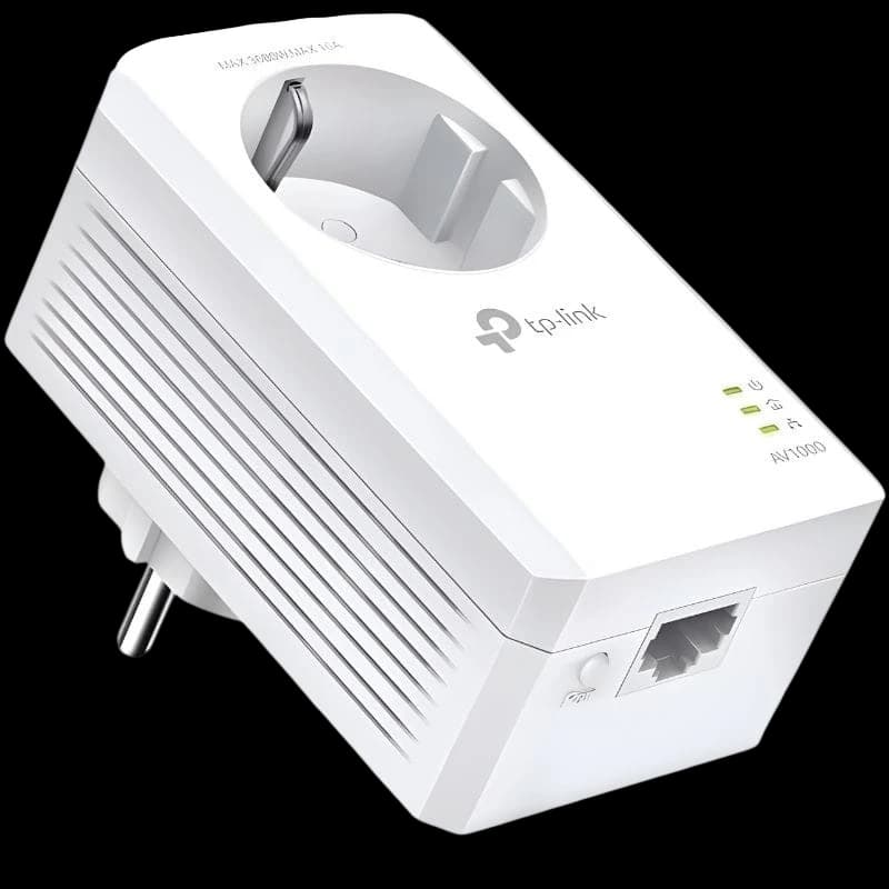 TP-Link TL-PA7017P Kit adaptadores Powerline AV1000 brancos com tomada integrada, porta Ethernet e LEDs de status, design compacto com grelhas laterais