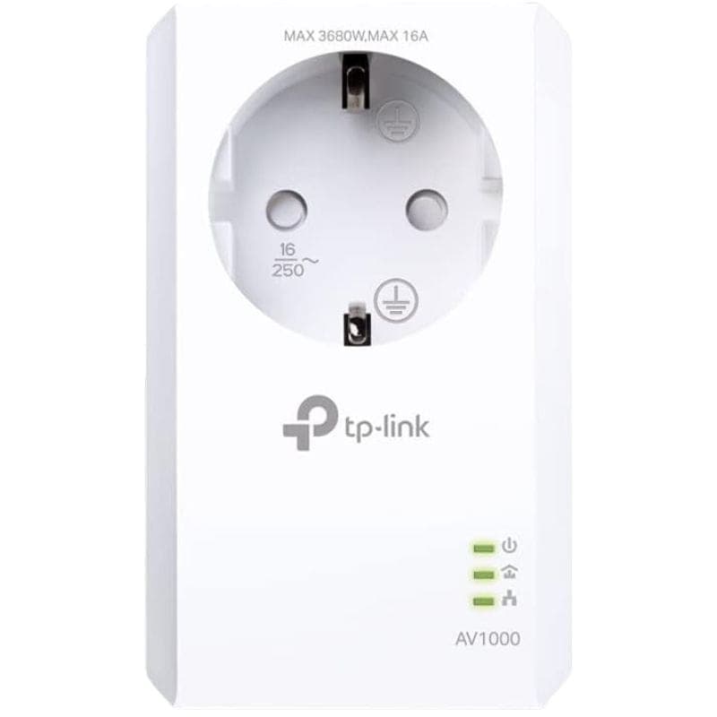 Adaptador Powerline TP-Link TL-PA7017P com tomada pass-through, porta Ethernet, LEDs de status e design branco compacto AV1000