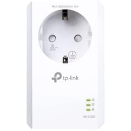 Adaptador Powerline TP-Link TL-PA7017P com tomada pass-through, porta Ethernet, LEDs de status e design branco compacto AV1000