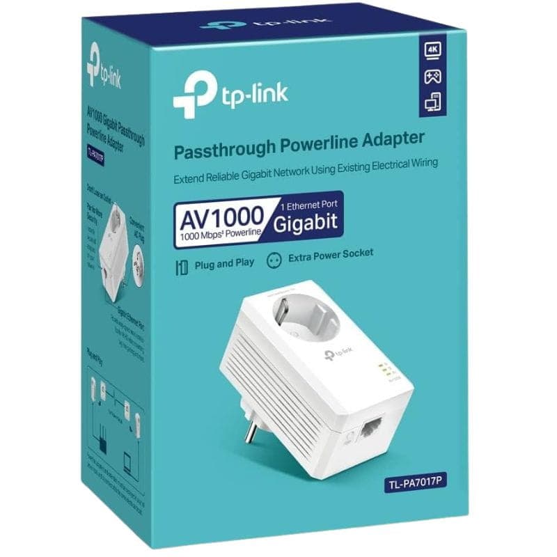 TP-Link TL-PA7017P Kit adaptadores Powerline AV1000 com tomada pass-through, 1 porta Ethernet Gigabit, design branco compacto, indicadores LED e plug and play