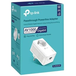 TP-Link TL-PA7017P Kit adaptadores Powerline AV1000 com tomada pass-through, 1 porta Ethernet Gigabit, design branco compacto, indicadores LED e plug and play