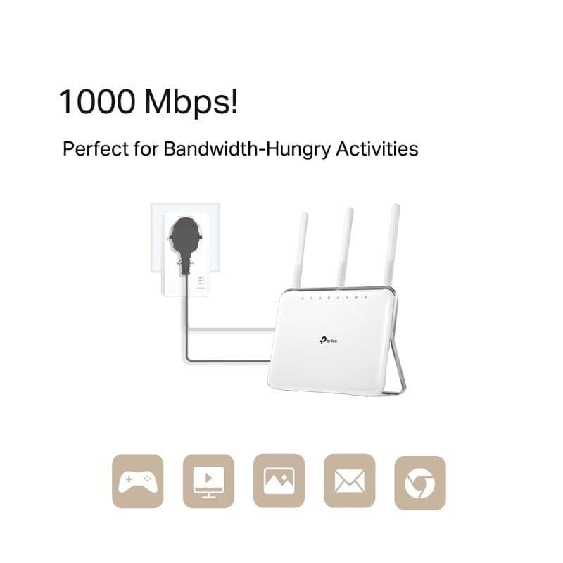 TP-Link TL-PA7017P Kit adaptador Powerline AV1000 com tomada integrada, cabo Ethernet ligado a roteador branco de 3 antenas, ideal para 1000 Mbps