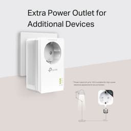 TP-Link TL-PA7017P Kit adaptador Powerline AV1000 branco com tomada extra Schuko, porta Ethernet gigabit, design compacto, luz LED de status e ventilação