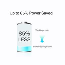 Gráfico do TP-Link TL-PA7017P Kit destacando economia de energia de até 85%, com ícone de bateria e seta indicando modo de trabalho para modo economia