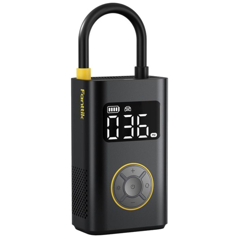 Fanttik X9 Pro - Compresseur portable noir avec écran LCD, anneau de transport, boutons circulaires, accents jaunes, affichage de pression numérique - Ítem