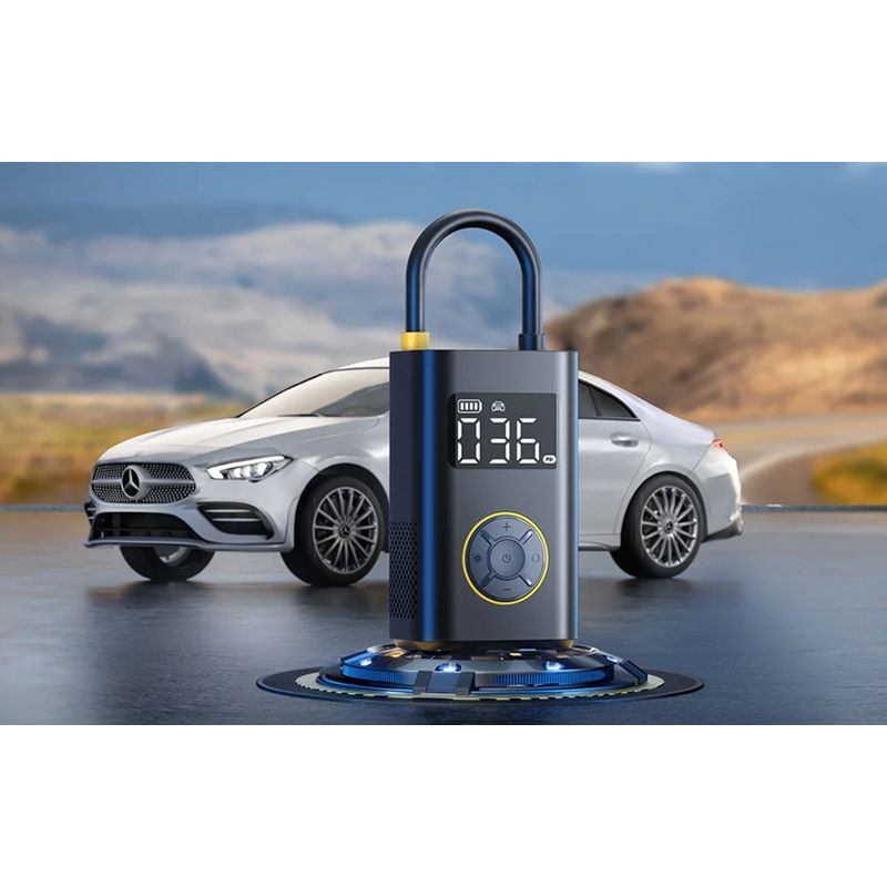 Fanttik X9 Pro - Compresseur portable noir avec écran LCD, anneau de transport, boutons circulaires, accents jaunes, affichage de pression numérique - Ítem1