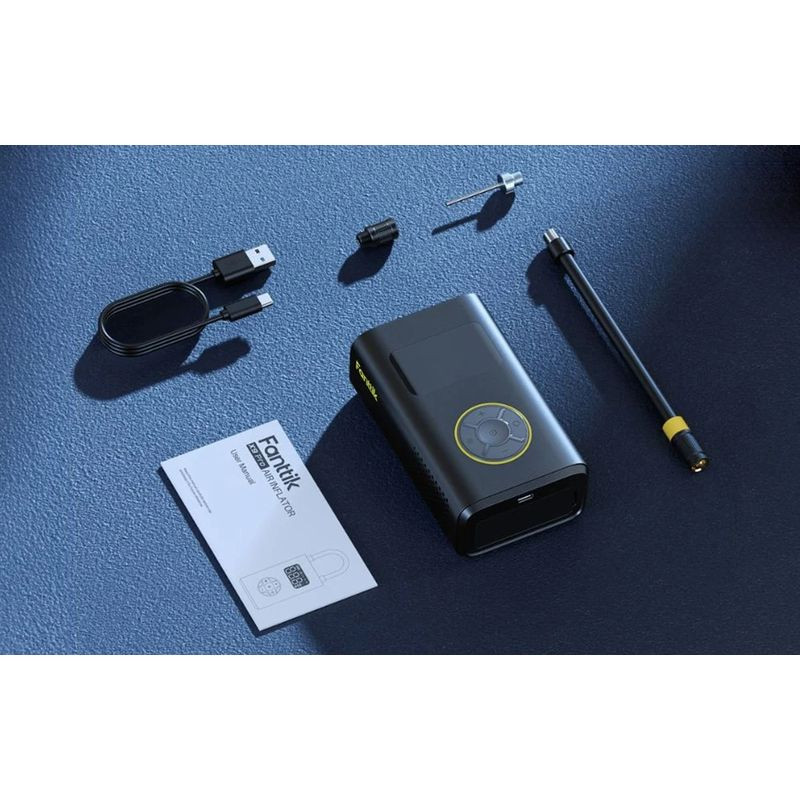 Fanttik X9 Pro - Compresseur portable noir avec écran LCD, anneau de transport, boutons circulaires, accents jaunes, affichage de pression numérique - Ítem6