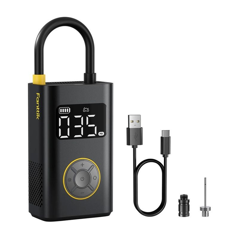 Fanttik X9 Pro - Compresseur portable noir avec écran LCD, anneau de transport, boutons circulaires, accents jaunes, affichage de pression numérique - Ítem7