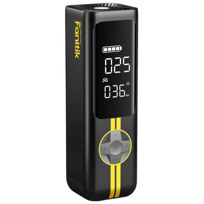 Fanttik X8 Apex - Compresseur portable noir avec écran LED, affichage PSI, boutons +/-, icônes auto et vélo, bandes jaunes sport, format compact vertical - Ítem