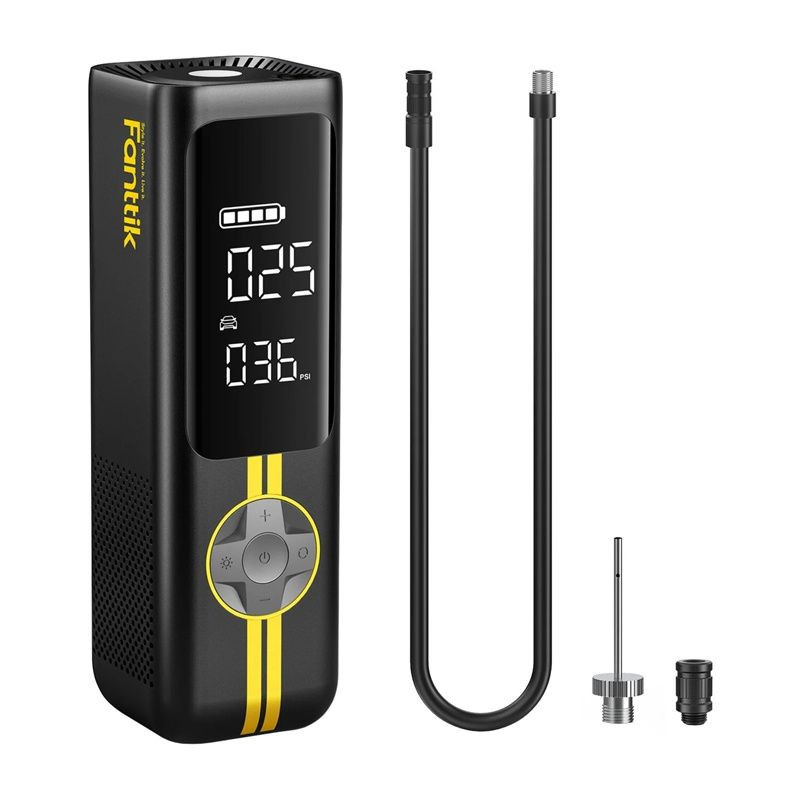 Fanttik X8 Apex - Compresseur portable noir avec écran LED, affichage PSI, boutons +/-, icônes auto et vélo, bandes jaunes sport, format compact vertical - Ítem1