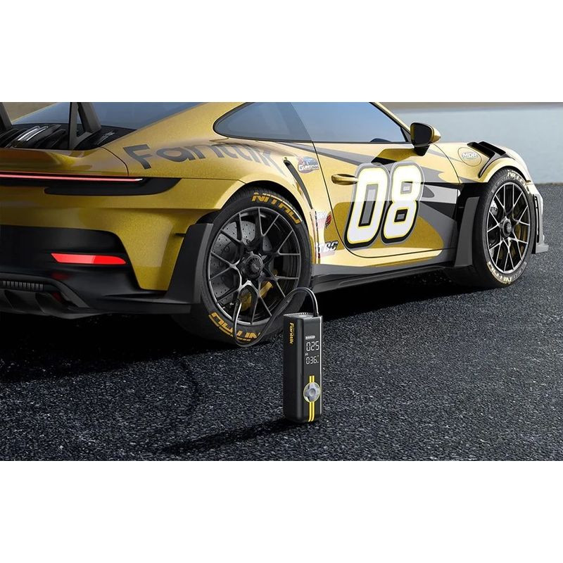 Fanttik X8 Apex - Compresseur portable noir avec écran LED, affichage PSI, boutons +/-, icônes auto et vélo, bandes jaunes sport, format compact vertical - Ítem2