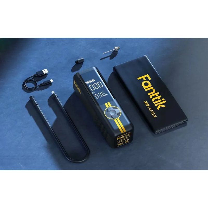 Fanttik X8 Apex - Compresseur portable noir avec écran LED, affichage PSI, boutons +/-, icônes auto et vélo, bandes jaunes sport, format compact vertical - Ítem5