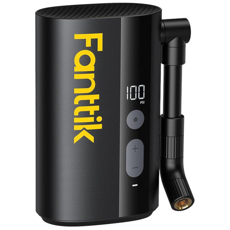 Pompe à vélo Fanttik X9 Ace compacte noire avec écran LED 100 PSI, boutons plus et moins, flexible latéral avec embout fileté, logo jaune vertical - Ítem