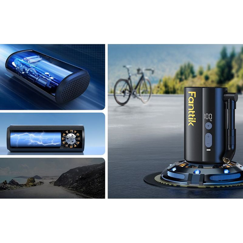 Pompe à vélo Fanttik X9 Ace compacte noire avec écran LED 100 PSI, boutons plus et moins, flexible latéral avec embout fileté, logo jaune vertical - Ítem2