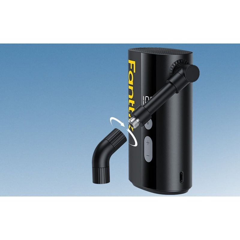 Pompe à vélo Fanttik X9 Ace compacte noire avec écran LED 100 PSI, boutons plus et moins, flexible latéral avec embout fileté, logo jaune vertical - Ítem4