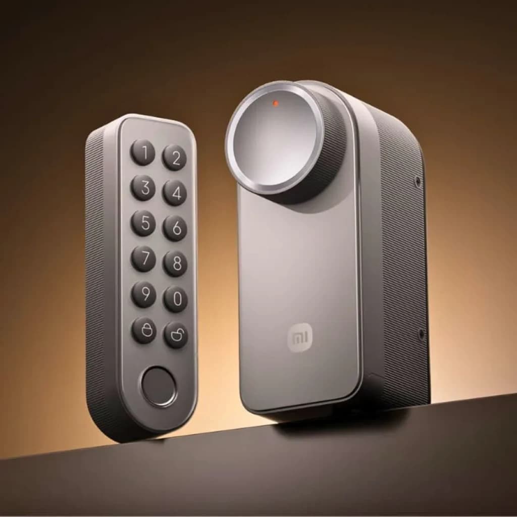 Fechadura inteligente Xiaomi Self-Install com teclado incluído: corpo metálico cinza, botão giratório grande, teclado numérico 0-9 iluminado e design