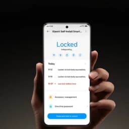 Tela do app Xiaomi Self-Install Smart Lock exibindo status Locked, alertas de bateria baixa, histórico de travamento, gestão de acessórios e senha