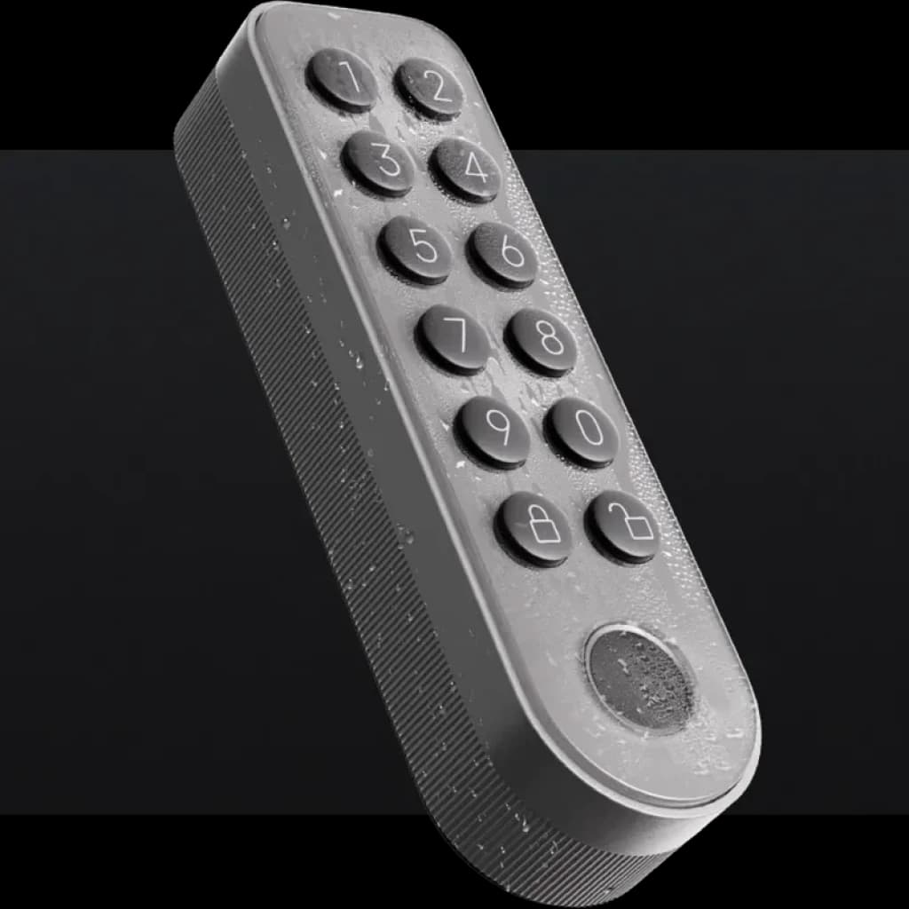 Xiaomi Self-Install Smart Lock Teclado incluído: teclado numérico cinza com botões elevados, resistente à água, ícones de cadeado e leitor circular na