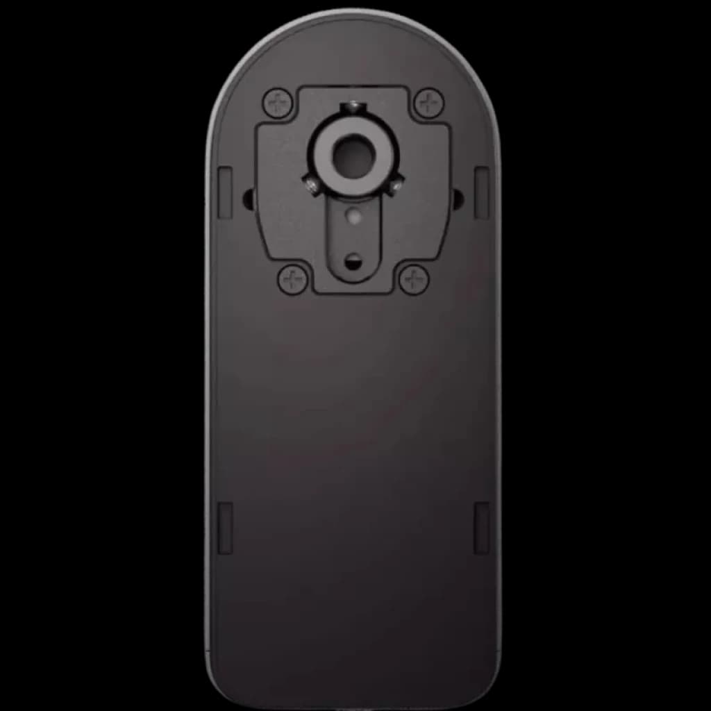Traseira do Xiaomi Self-Install Smart Lock com placa preta retangular, furação central para eixo e quatro parafusos visíveis, design liso e minimalista.